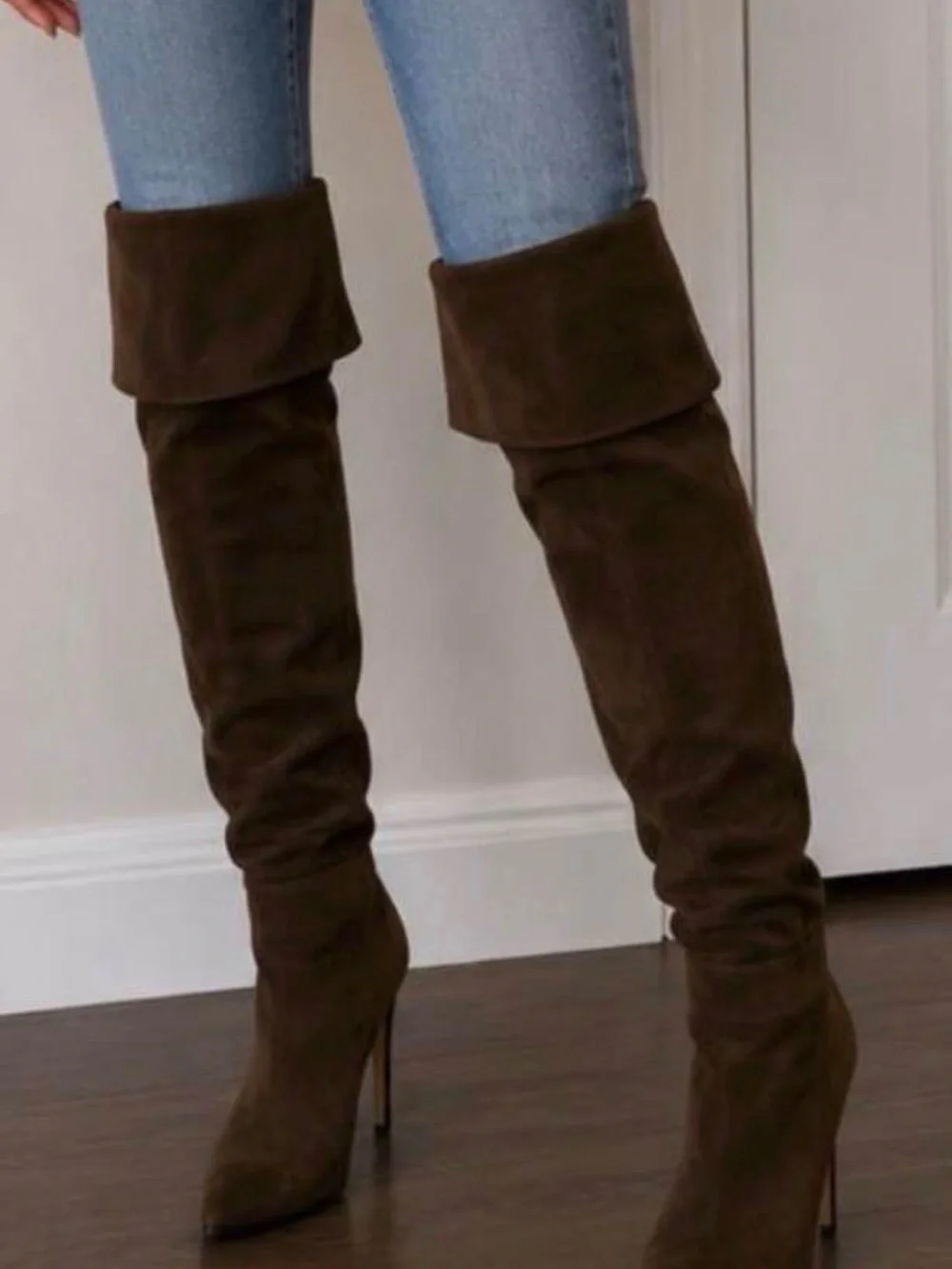 Women's Olive Green Over-the-Knee Suede High-Heel Boots